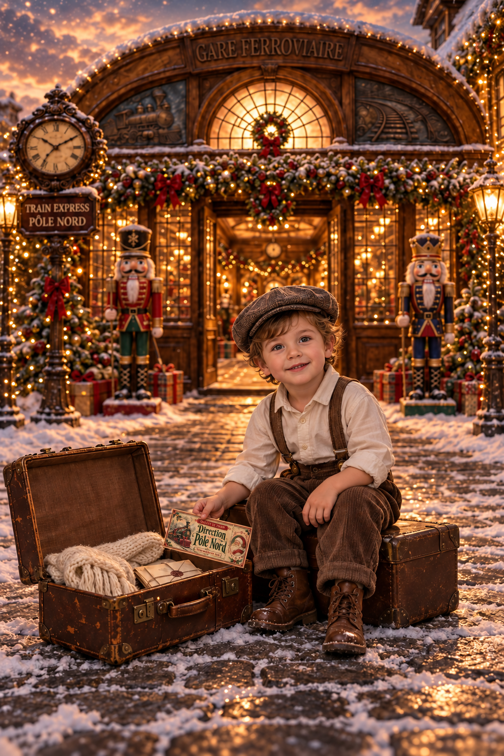 Petit garçon devant une valise ancienne à la gare du Pôle Nord, dans le décor de Noël du Studio Lugdivine Bonomo à Châteauneuf-les-Martigues.