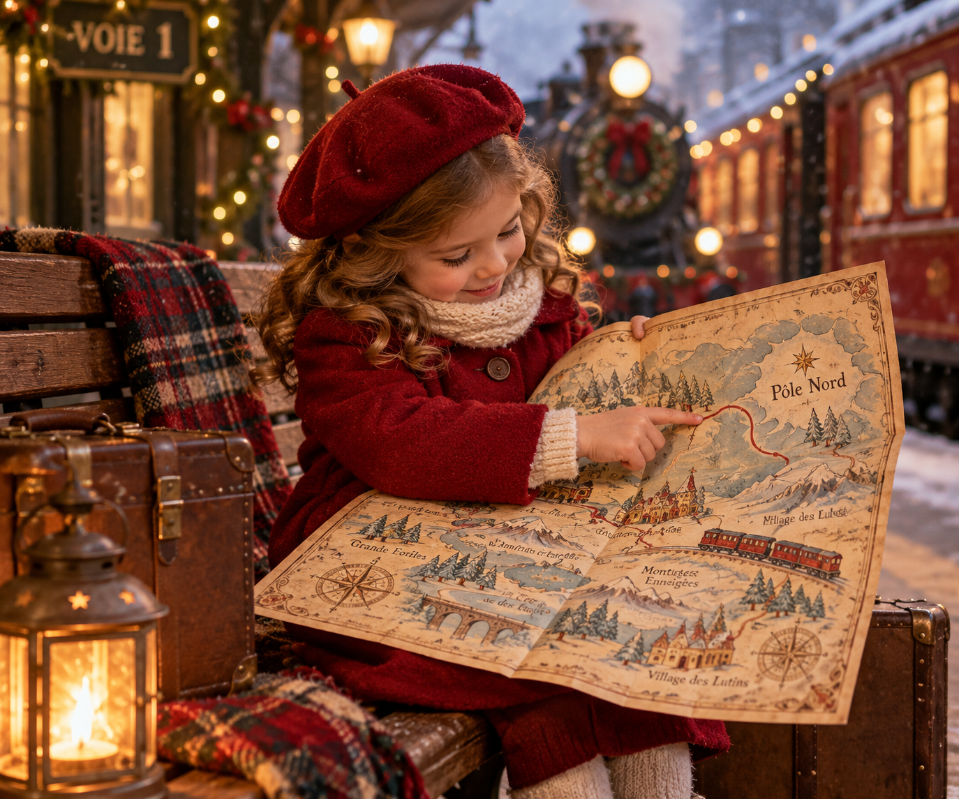 Petite fille assise sur un banc, tenant une carte magique indiquant la direction du Pôle Nord, dans le décor des séances photo de Noël 2026