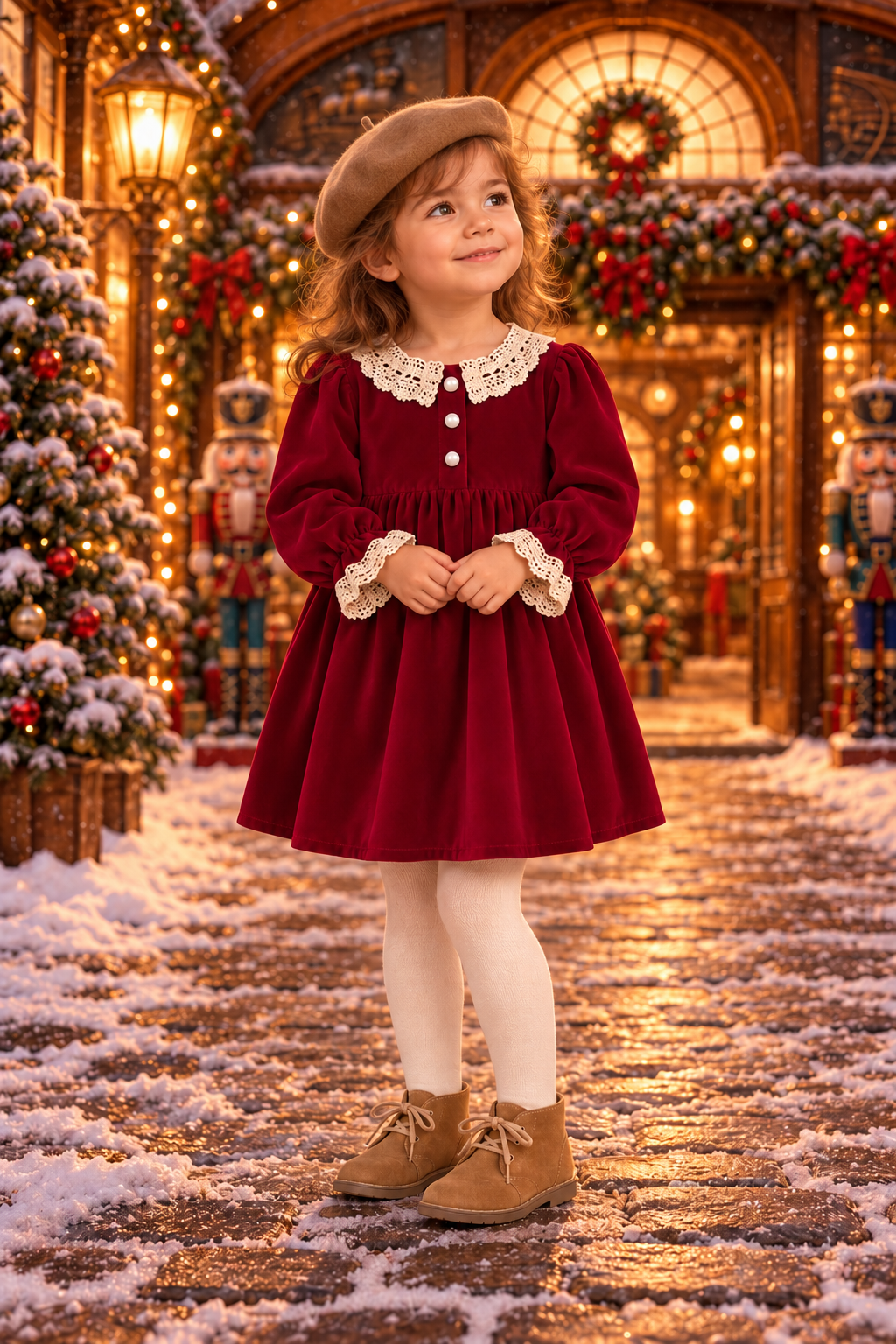 Petite fille en robe bordeaux ornée de dentelle blanche, devant le décor d'une gare de Noël au Studio Lugdivine Bonomo