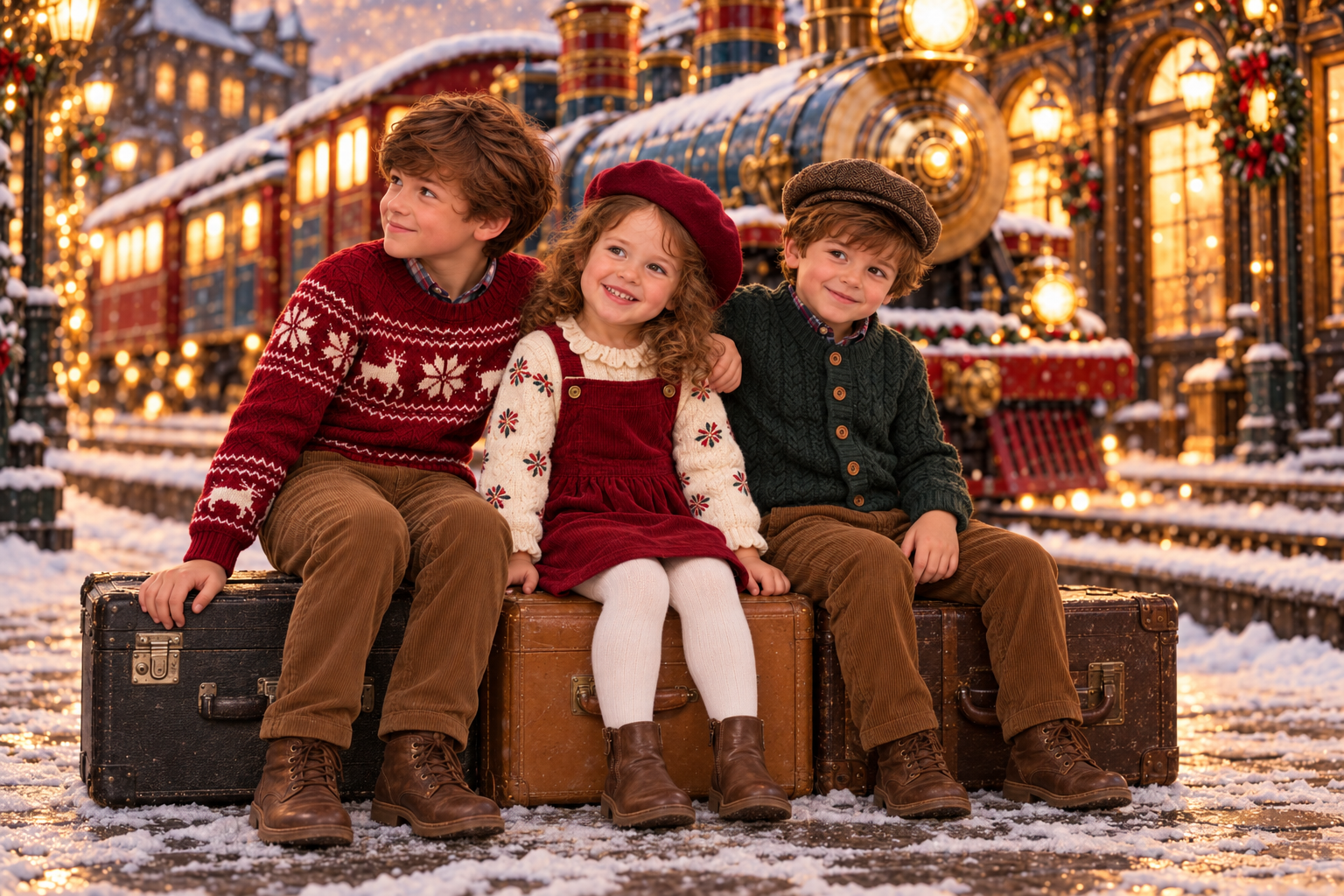 Trois enfants assis sur des valises anciennes découvrent une valise magique d'où jaillit une lumière, devant le décor du train de Noël