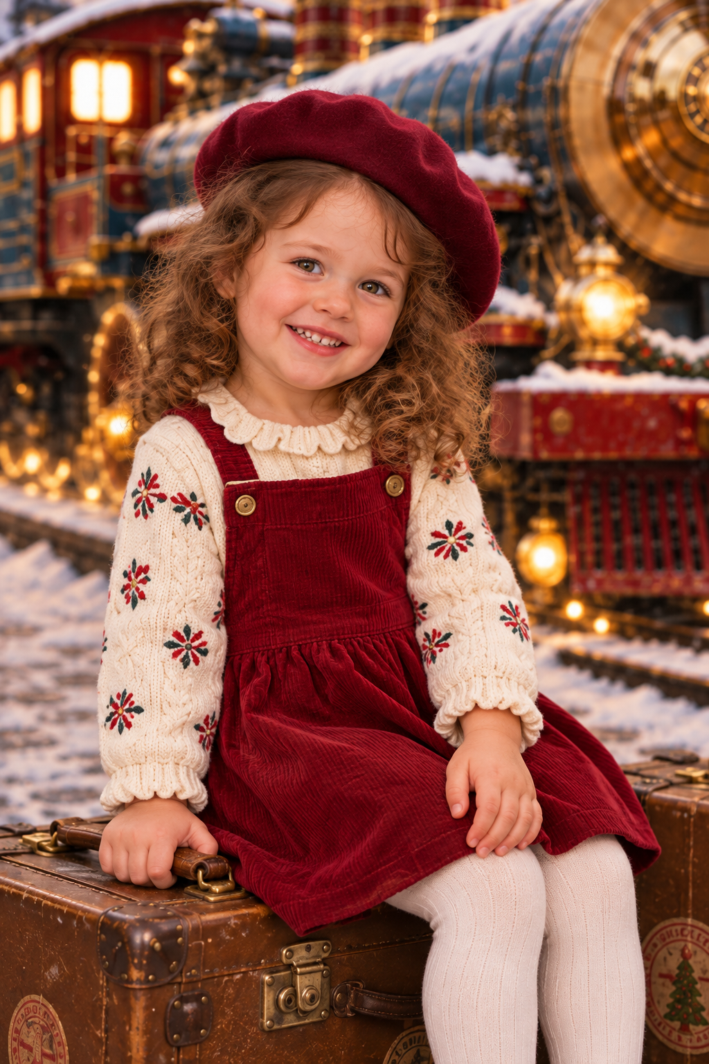 Petite fille avec un béret rouge devant le train du Pôle Nord, dans le décor des mini-séances photo de Noël 2026 au Studio Lugdivine Bonomo