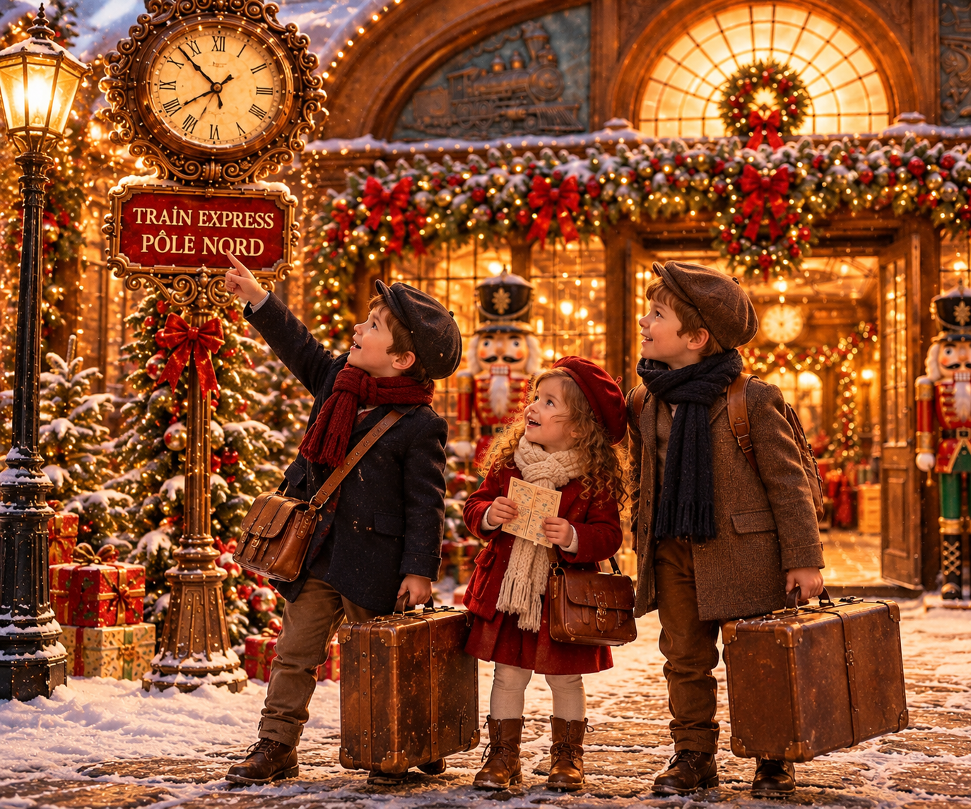 Une fratrie montre du doigt l'horloge de la gare de Noël, dans un décor enneigé du Studio Lugdivine Bonomo