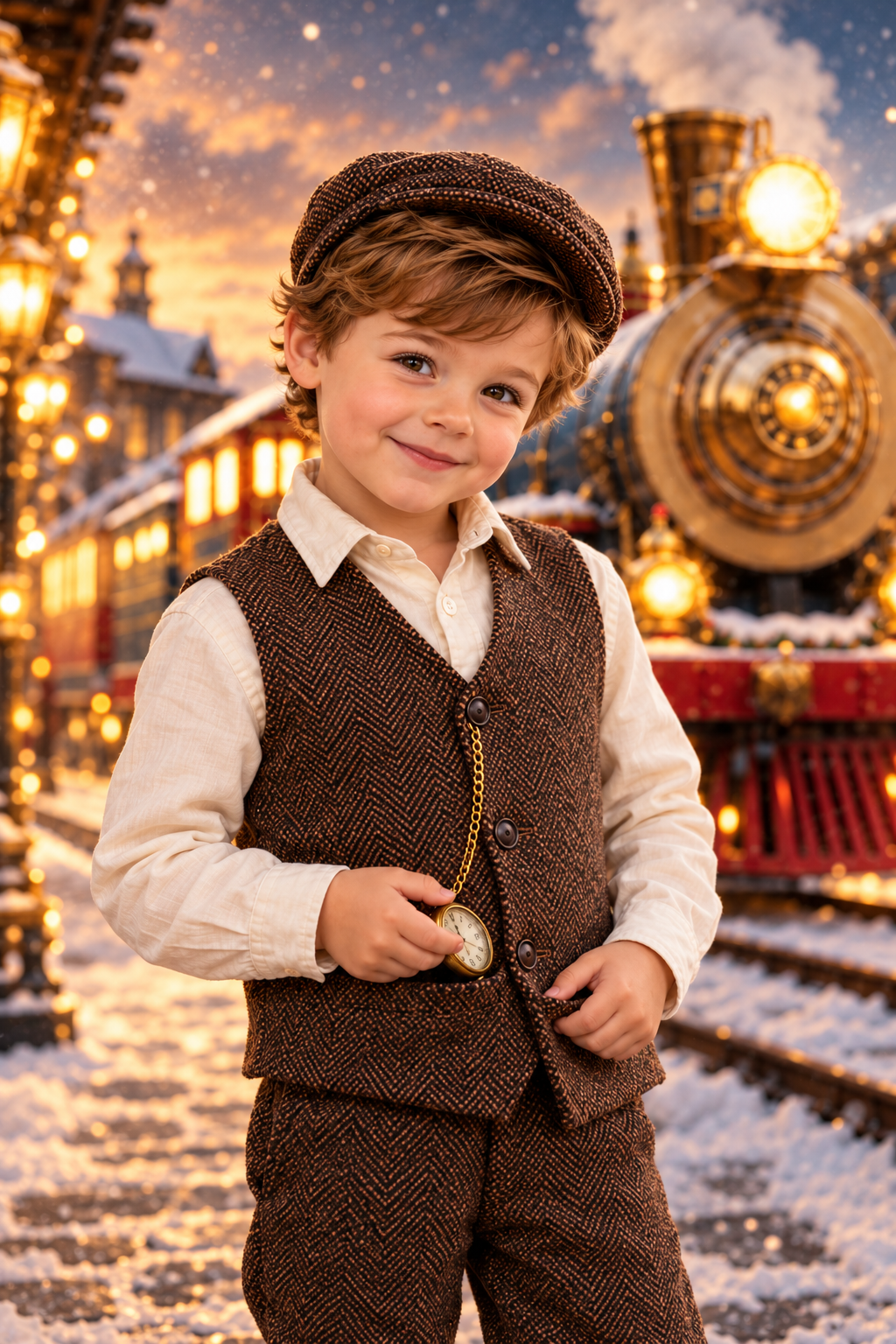 Petit garçon souriant avec une casquette gavroche devant un train de Noël, au Studio Lugdivine Bonomo à Châteauneuf-les-Martigues