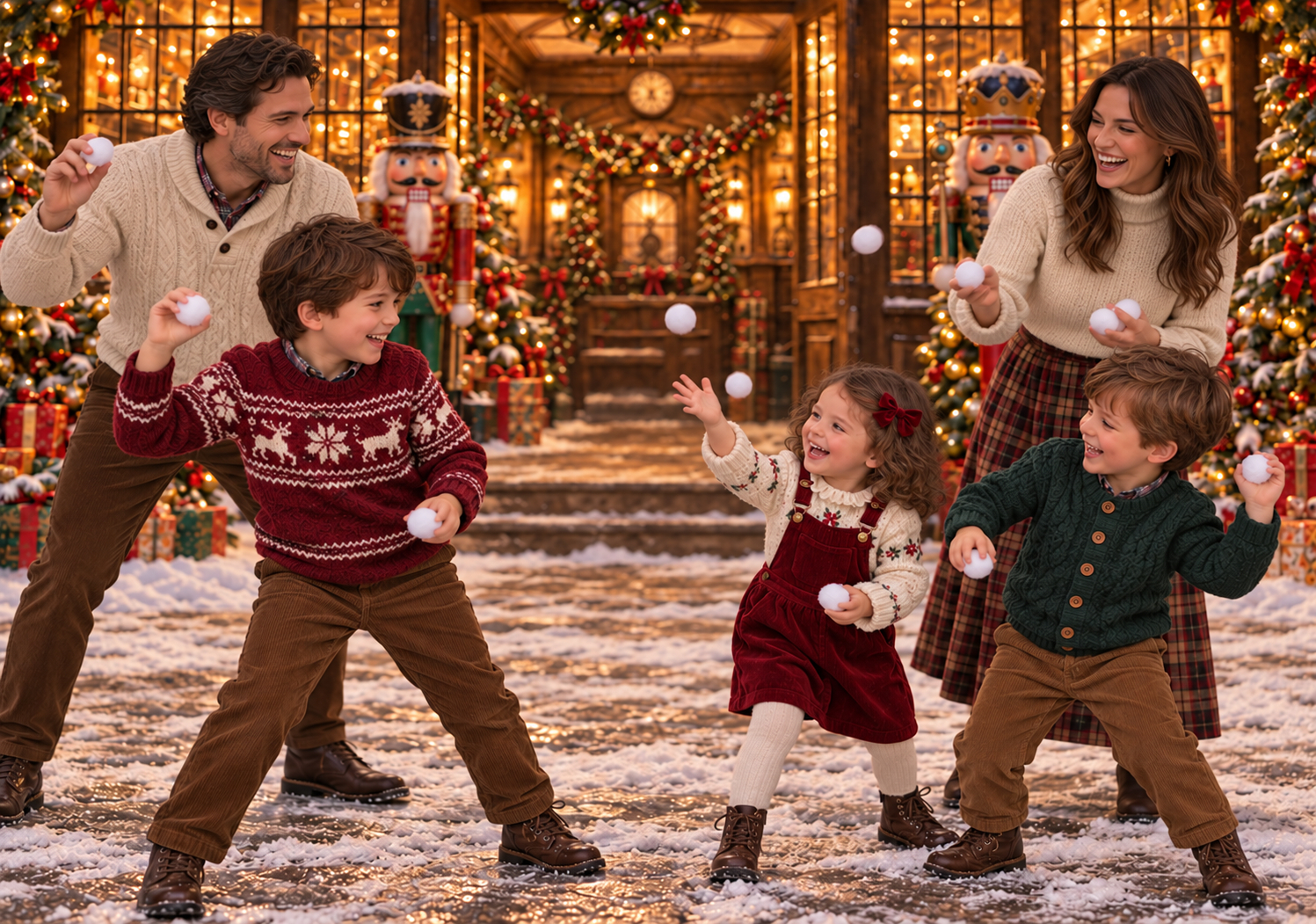 Parents et leurs trois enfants font une bataille de boules de neige devant une gare au sol enneigé, lors d'une séance photo de Noël en famille
