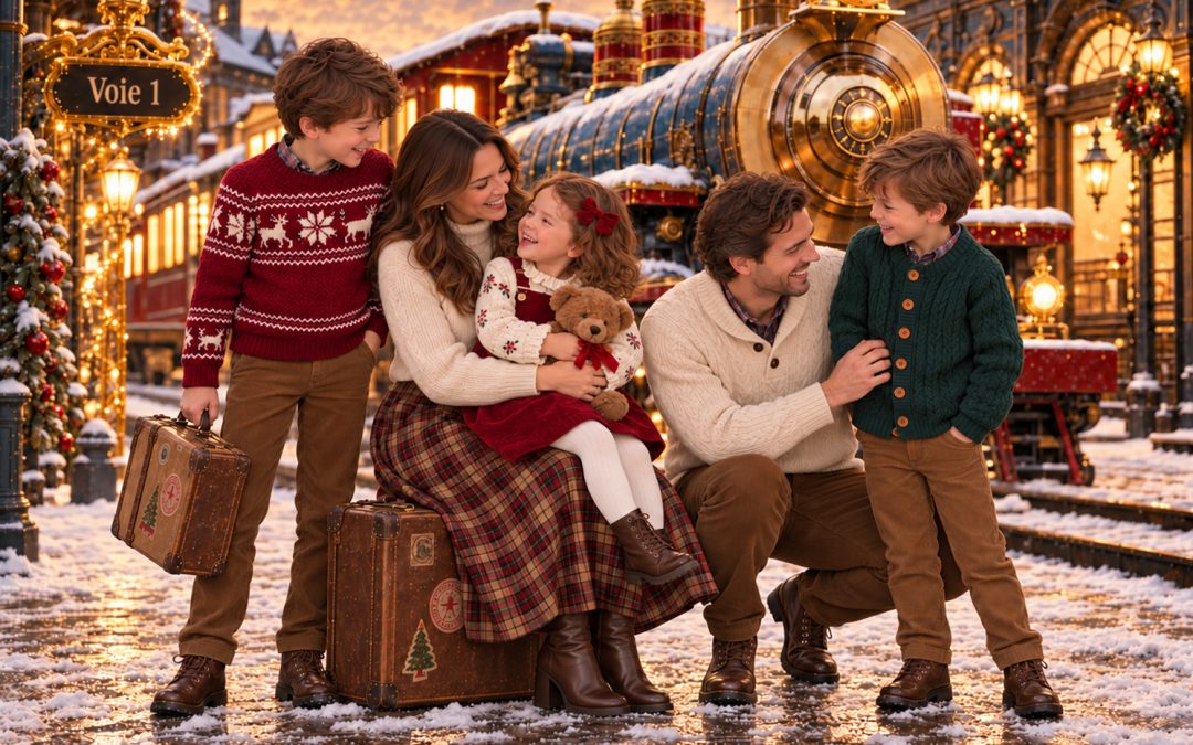 Famille réunie autour de valises anciennes devant un train de Noël illuminé, dans un décor enneigé.