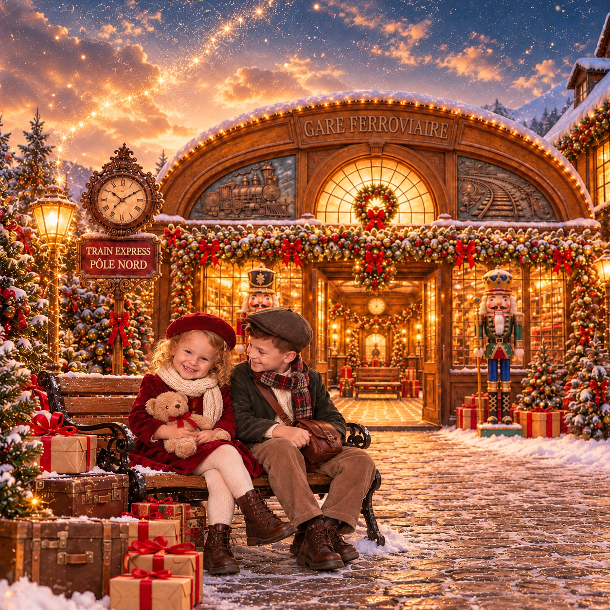 Petit garçon souriant avec une casquette gavroche devant un train de Noël, au Studio Lugdivine Bonomo à Châteauneuf-les-Martigues