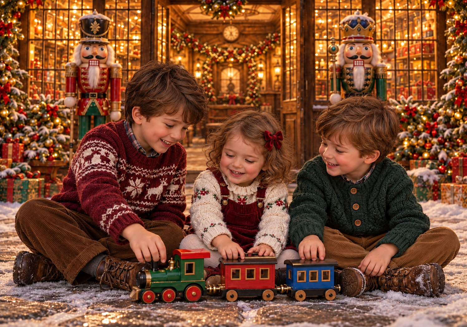 trois enfants jouent avec de petits trains devant le décor d'une gare de Noël, lors d'une séance photo au Studio Lugdivine Bonomo