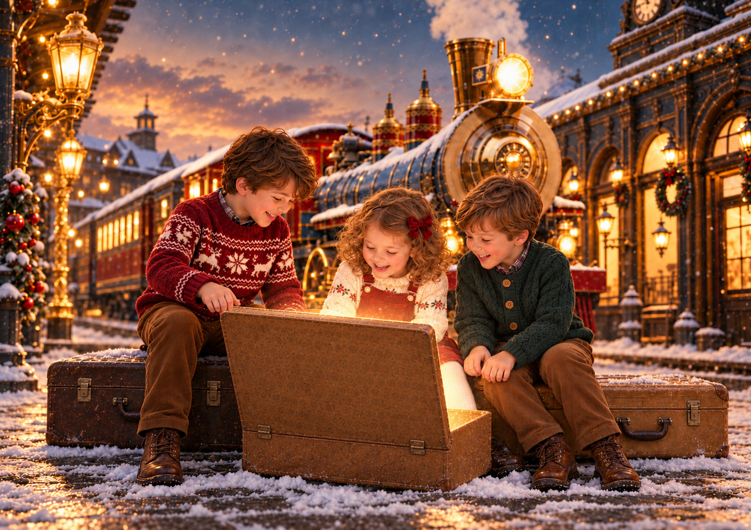 Trois enfants assis sur des valises anciennes découvrent une valise magique d'où jaillit une lumière, devant le décor du train de Noël