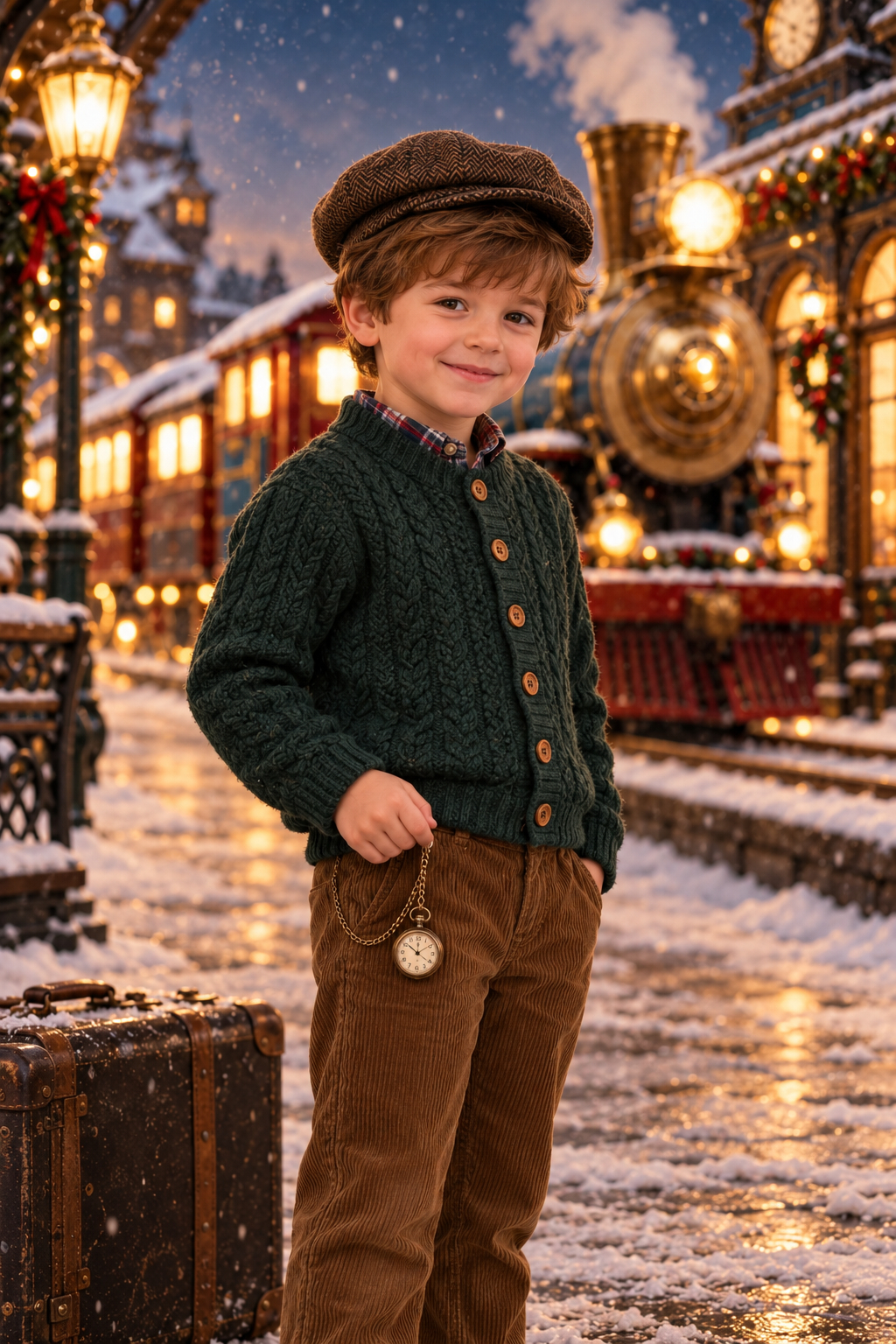Petit garçon coiffé d'un béret vert et tenant une montre à gousset, dans le décor du train de Noël du Studio Lugdivine Bonomo