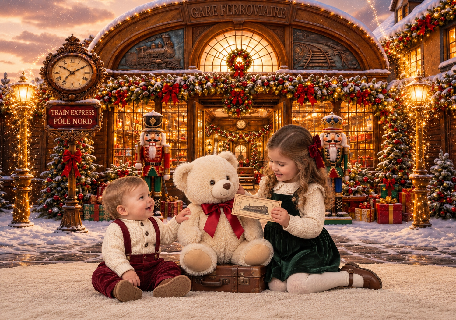 Deux grands frères et leur petite sœur assis sur une valise ancienne avec une lanterne, devant une gare de Noël au décor rétro et vintage
