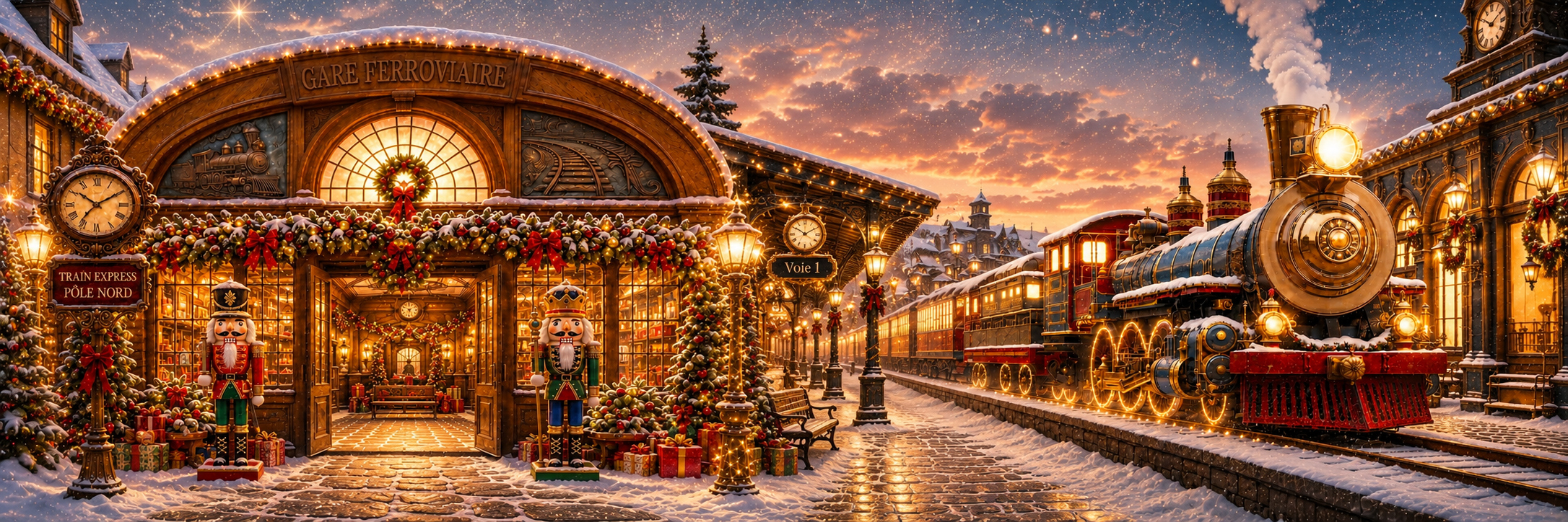 Décor de Noël 2026 du Studio Lugdivine Bonomo à Châteauneuf-les-Martigues, avec un train de Noël et une gare enneigée.