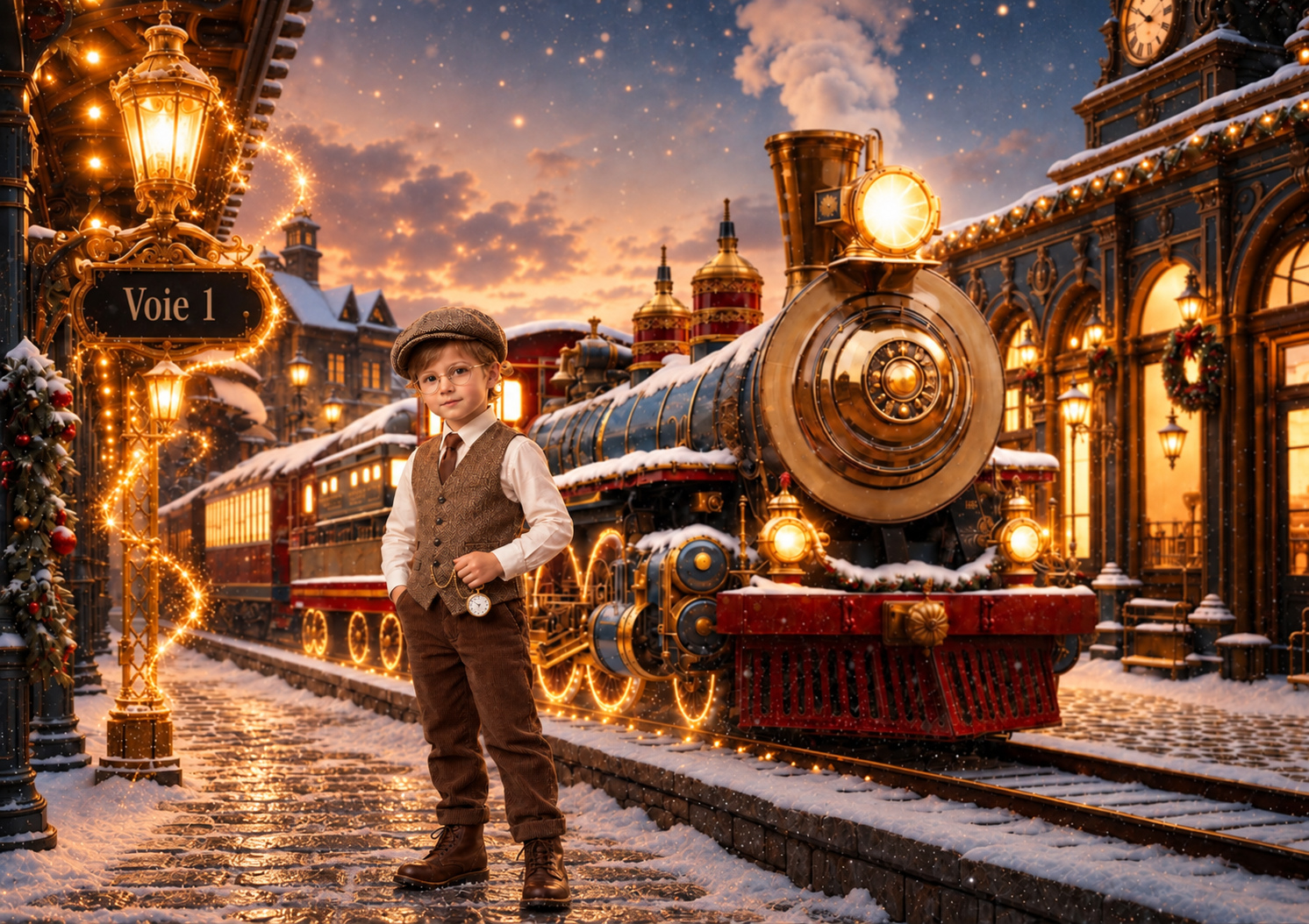 Petit enfant tenant une montre à gousset devant le train du Pôle Nord, dans le décor des séances photo de Noël 2026